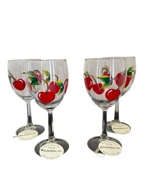 Hand Painted Red Cherry Wine Glasses - Set of 4